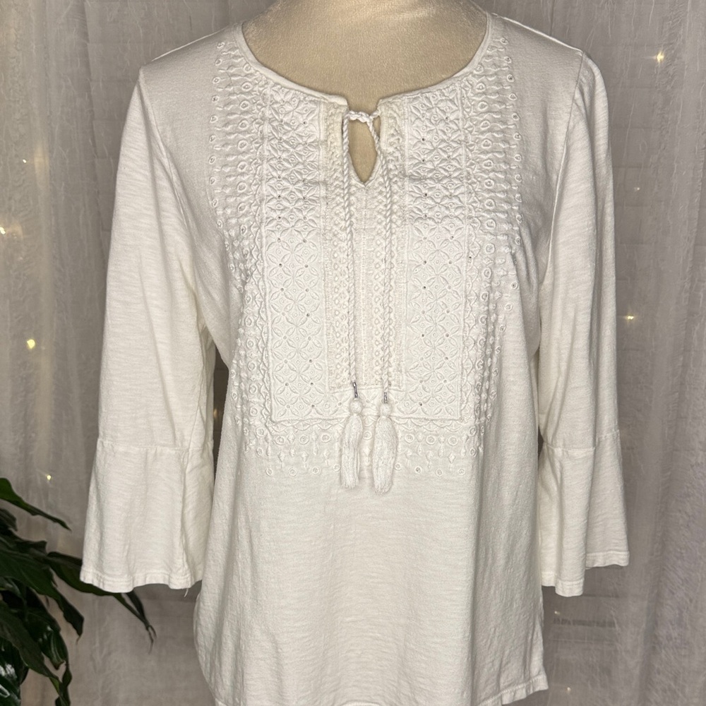 Chico's White Textured Blouse with Tassels